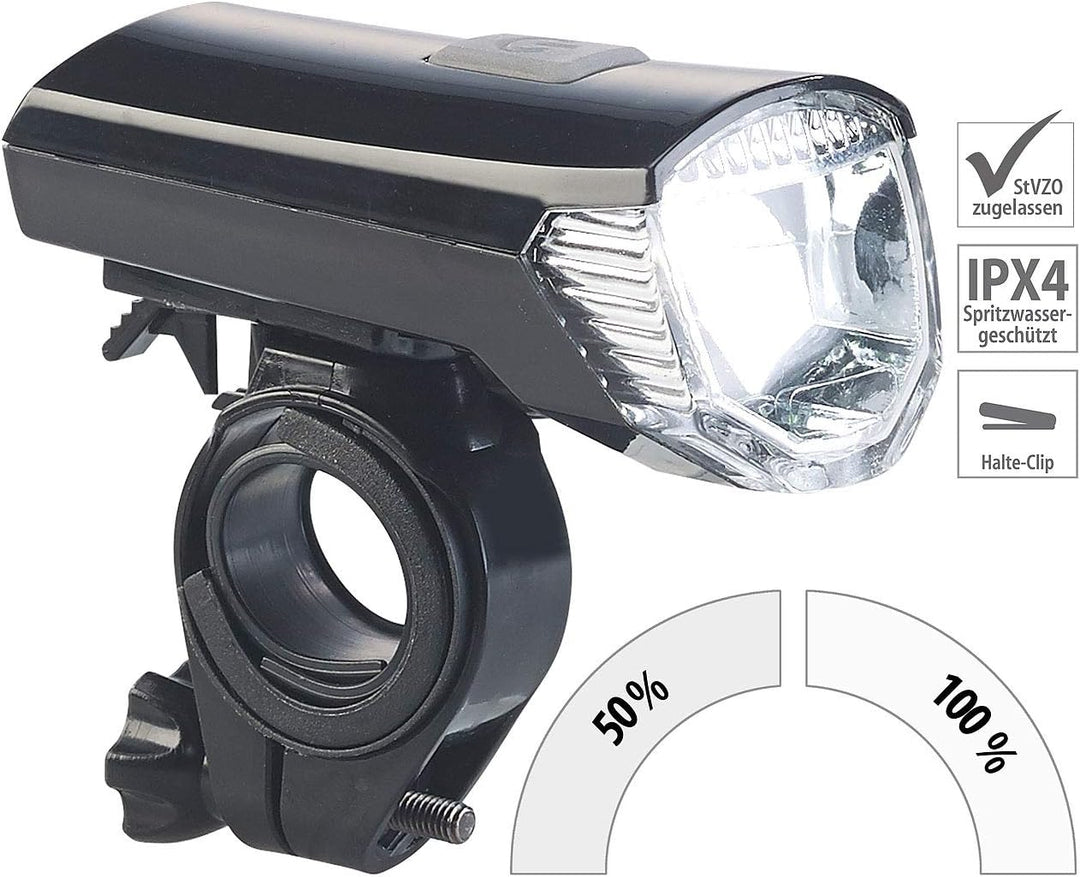 PEARL Fahrradlampe: Akku-Fahrradlicht mit Cree-LED &amp; Lenker-Halter, 120 Lumen, USB, IPX4 (Cree Fahrr