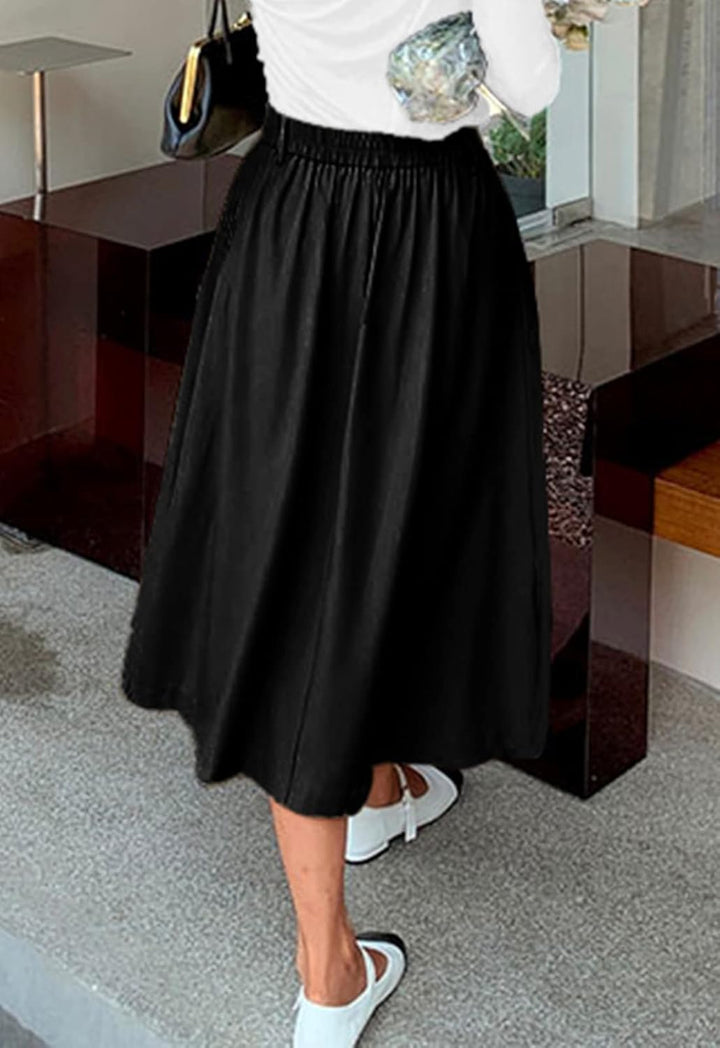 JayscreateEU Damen Rock Midirock Rock Lang Hohe Taille Rock Knielang A Linie Damen Mit Taschen Somme