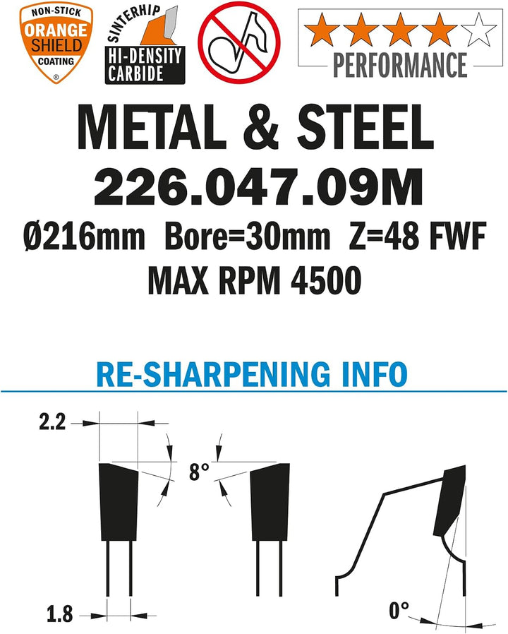 CMT Orange Tools 226.047.09 M – Kreissägeblatt für Metalle 216 x 2.2 x 30 Z 48 FWF 8 Grad