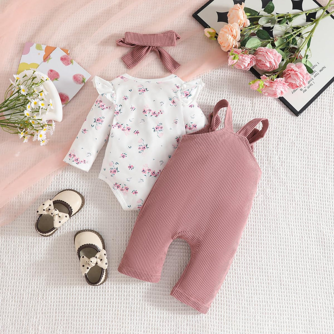 3tlg Baby Mädchen Kleidung Outfits Set Blumen Strampler Tops+ Einstellbare Overalls Pants+Stirnband