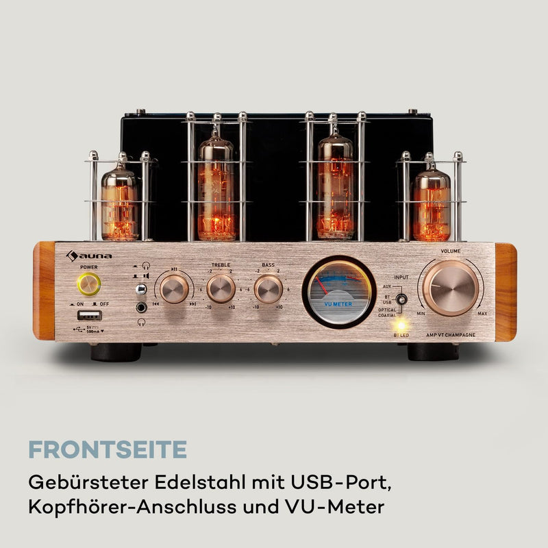 Auna Amp VT Röhrenverstärker HiFi-Verstärker 2x35W RMS, Stereo Verstärker BT Opt./Koax./AUX-In, Ampl