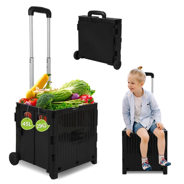 Einkaufstrolley Klappbar 45L, Faltbare Einkaufskiste mit Deckel, 2 Rollen & höhenverstellbarem Teles