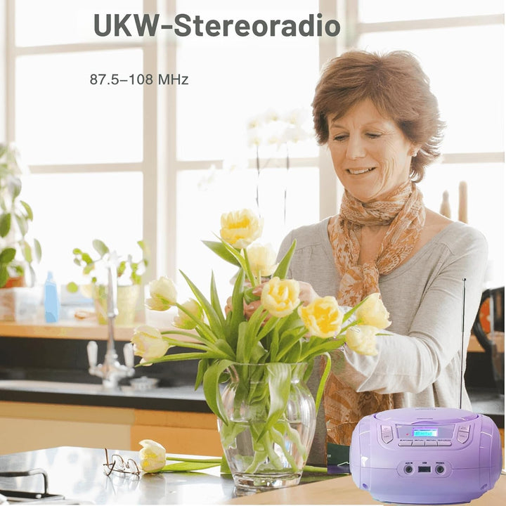 Tragbarer CD-Player für Kinder - Radio-CD-Boombox mit Bluetooth, FM-Radio, USB-Eingang & AUX-Anschlu
