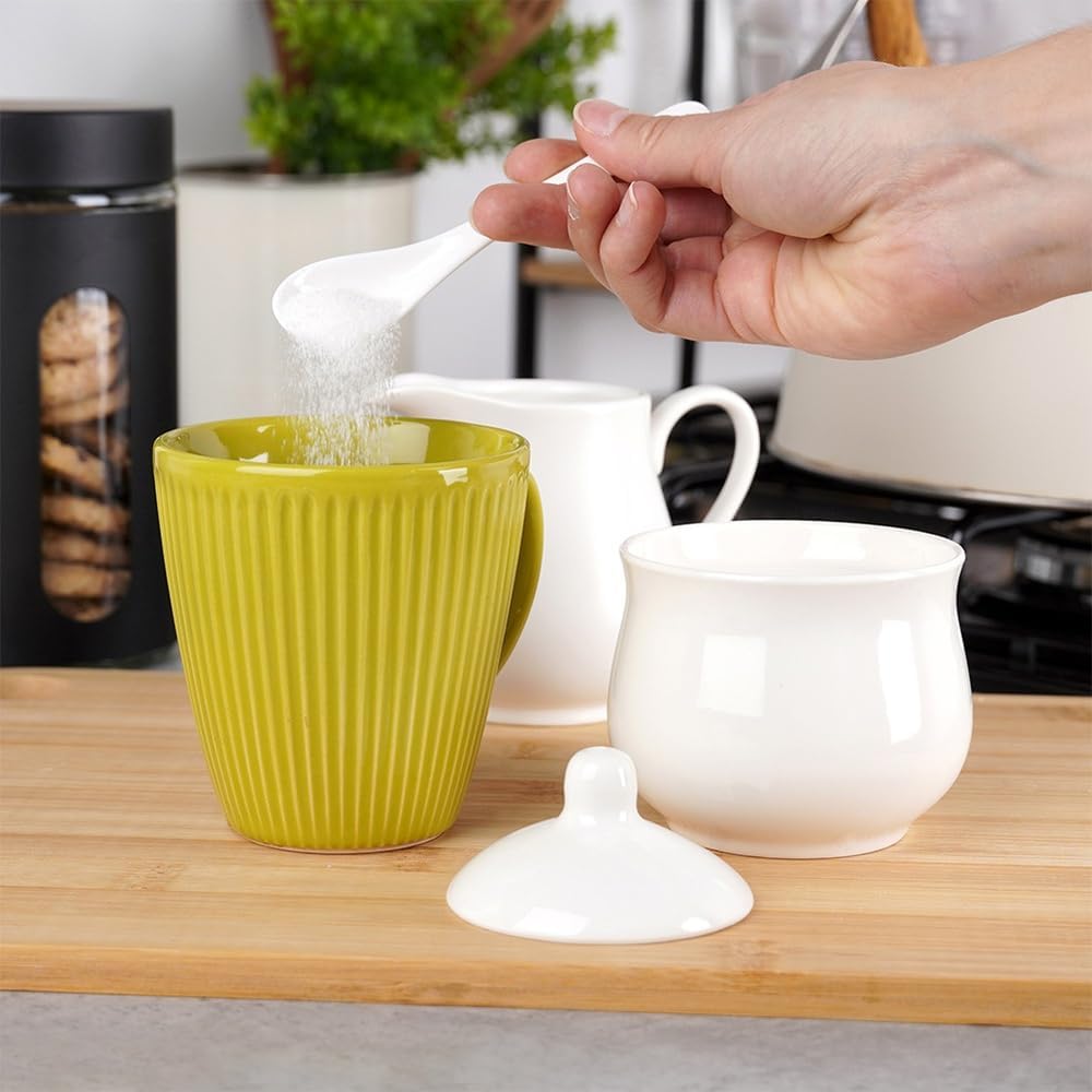 Vilde Milchkännchen und Zuckerdose Set aus Porzellan 2-teilig mit Deckel Löffel Weiss - Modern Kaffe