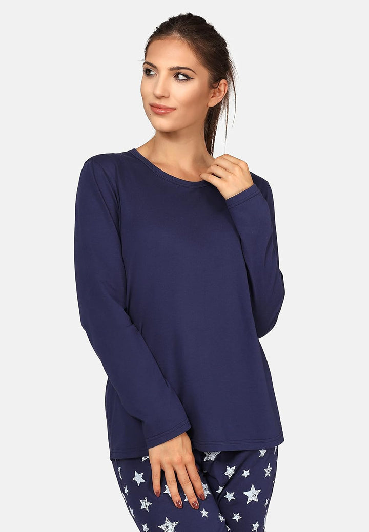Bellivalini Damen Schlafanzug lang Pyjama Langarm Lange Hose Muster Sterne BLV50-167 S Marineblau Ma