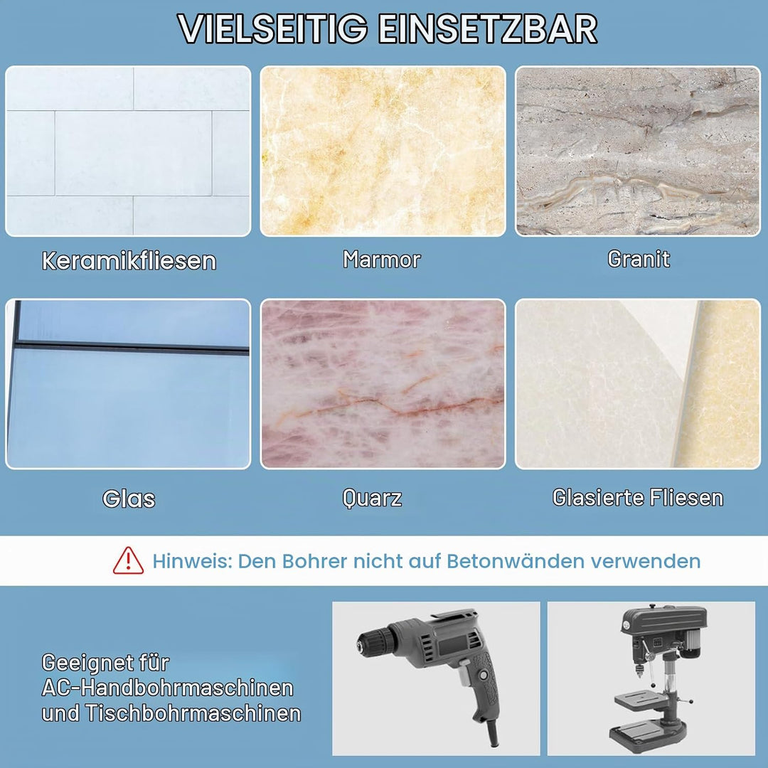 6 Stück Fliesenbohrer Diamantbohrer Glasbohrer Set, 6, 8, 10, 12, 14 mm Keramikbohrer und 6 mm Karbi