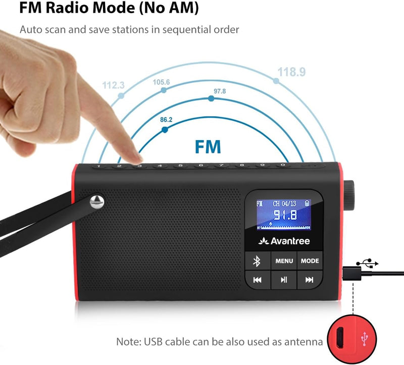 Avantree 3 in 1 Portable Tragbares FM Radio, Klein Mini Radio mit Bluetooth Lautsprecher, SD Card MP