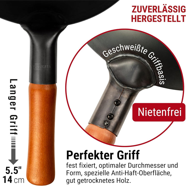 YOSUKATA Wokpfanne aus Karbonstahl – 30 cm Woks und Rührpfannen – Chinesischer Wok mit flachem Boden