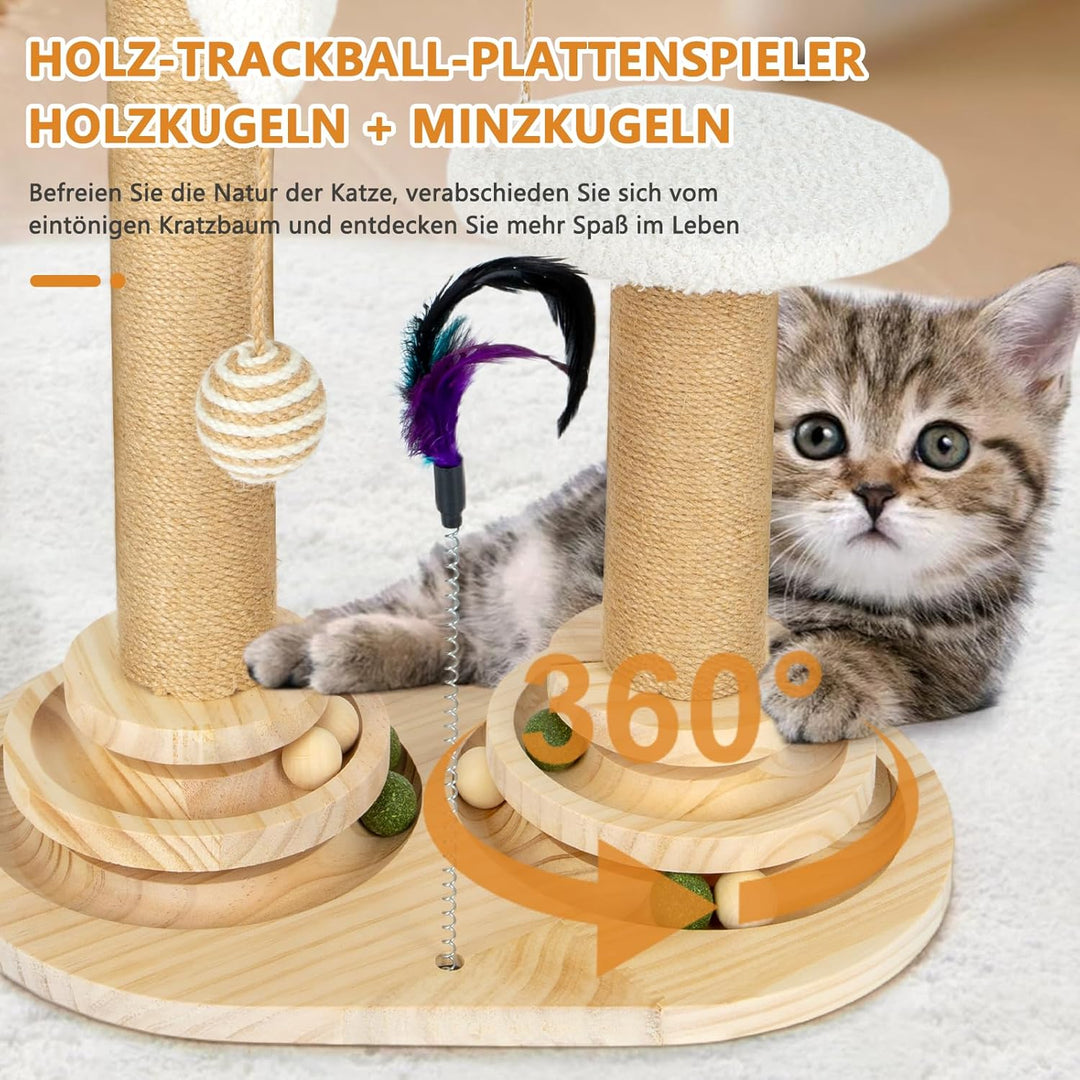 6 in 1 Interaktives Katzenspielzeug, Holz Katzenmöbel mit Hängenden Kugeln, Federn, Drehbar Smart Tr