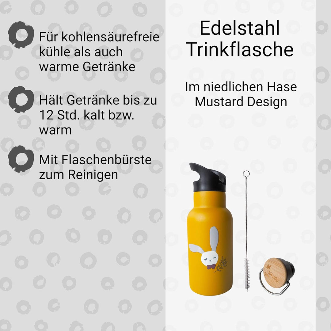 kikadu Trinkflasche Hase Senfgelb - - Kindergeschirr, BPA-frei, 18/8 Edelstahl, mit niedlichen Aufdr