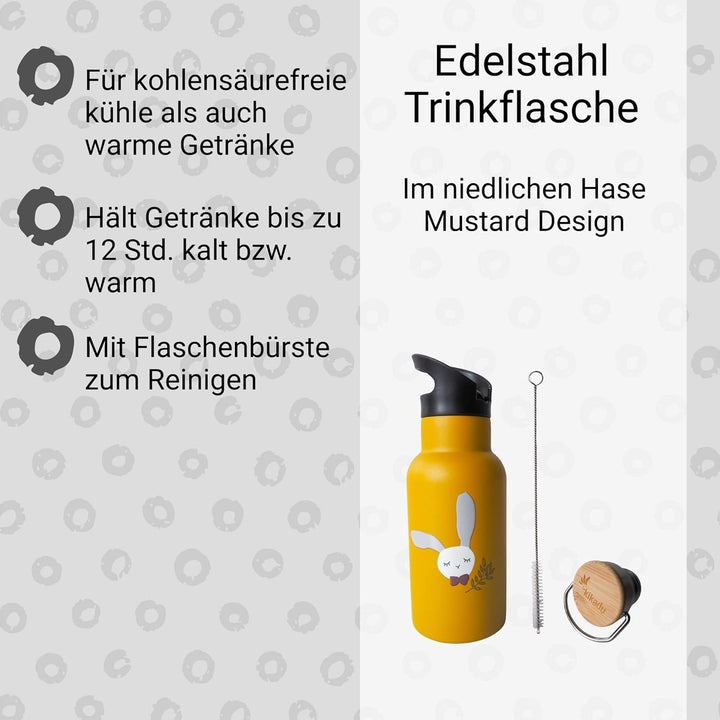 kikadu Trinkflasche Hase Senfgelb - - Kindergeschirr, BPA-frei, 18/8 Edelstahl, mit niedlichen Aufdr