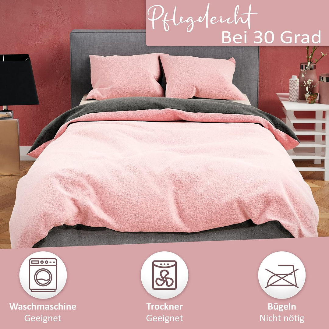 Leonado Vicenti Winter Plüsch Bettwäsche Rosa Grau 135x200 Uni Einfarbig Premium Cashmere Touch Cora