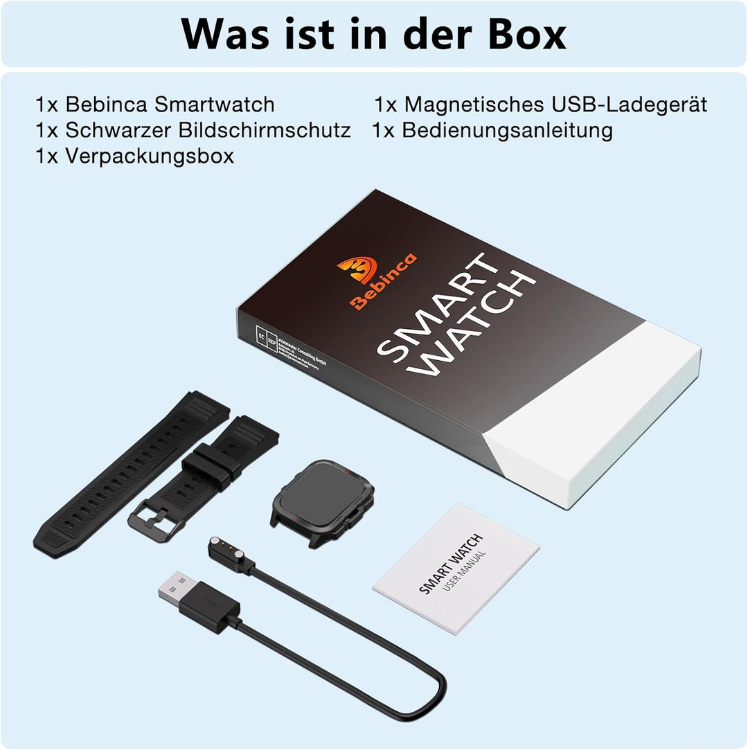 Bebinca Smartwatch Damen/Herren mit Telefonfunktion, 1,72“ HD Quadratische Touchscreen Fitness-Track
