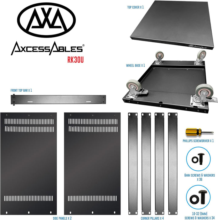 AxcessAbles 30U Rollender IT-Server-Rack, 250 kg, robuster offener Rahmen mit abnehmbaren Seitenteil