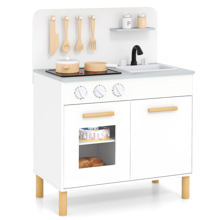 COSTWAY Kinderküche mit 10 Zubehör, Spielküche Holz mit Licht und Sound, Spielzeugküche mit Herd & S