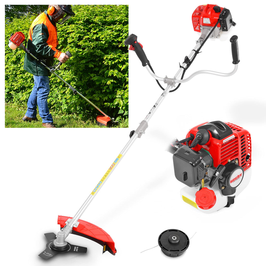 HECHT 2-Takt Benzin Motorsense Freischneider Rasentrimmer mit Messer und Doppel Faden Spule, 43 cm u