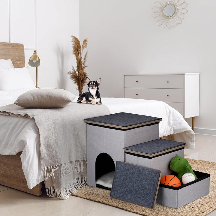 Relaxdays Hundetreppe 3 Stufen, mit Höhle & Stauraum, Hunde & Katzen, HBT: 41,5 x 72 x 33 cm, Faltba