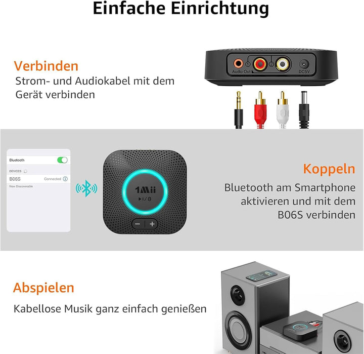 1Mii B06S Bluetooth Audio Adapter, HiFi Wireless 5.2 Empfänger, Lautstärkeregelung, aptX HD &amp; Low La