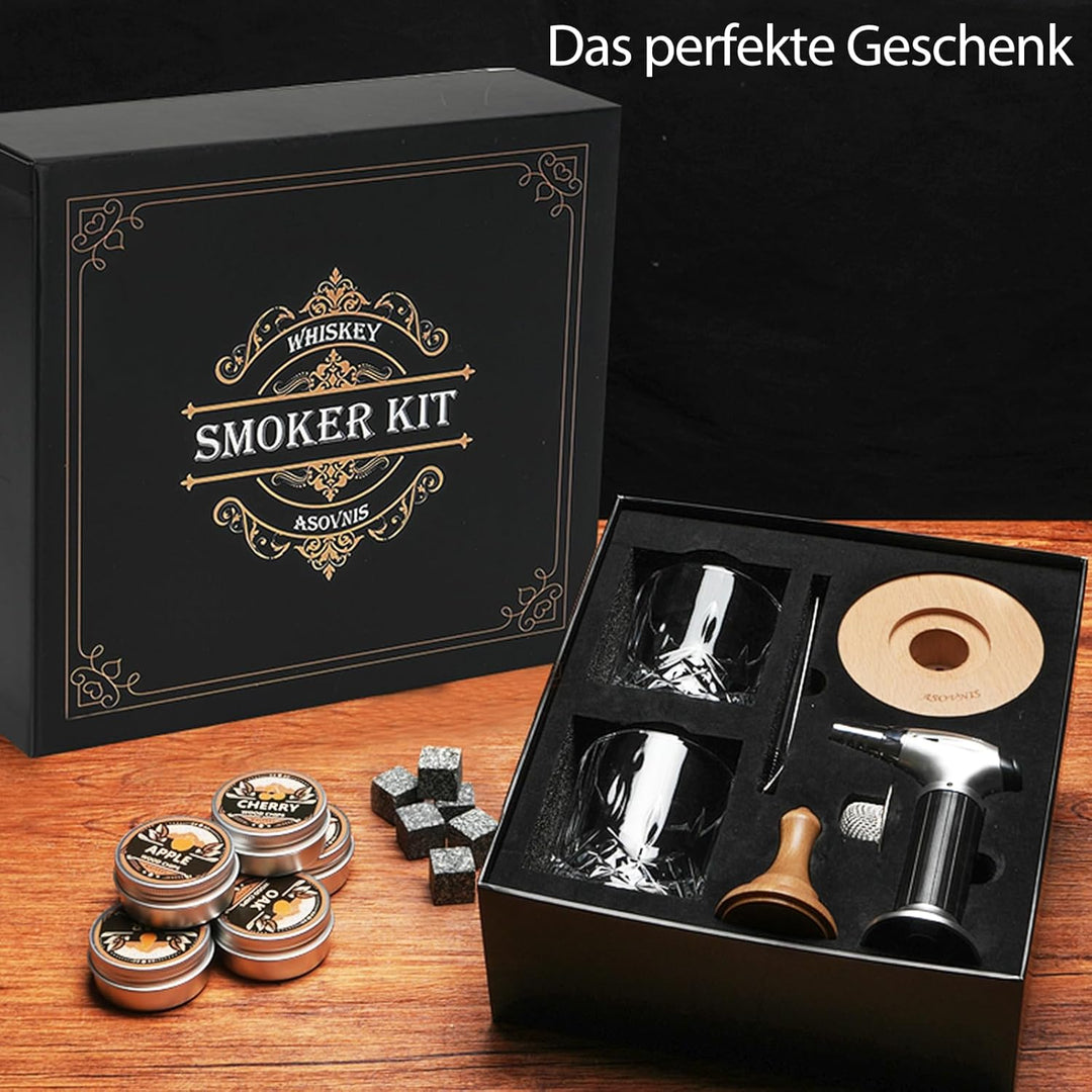 Whisky-Räucherset mit Fackel-6 Geschmacksrichtungen, Holzspäne, 2 Gläser, 6 Whiskysteine, Cocktail-R
