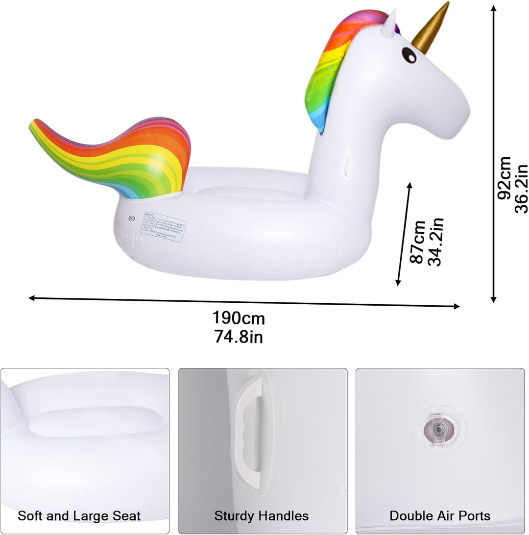 190x92cm Einhorn Schwimmring Erwachsene, Schwimmreifen Einhorn aufblasbare mit Glitzer, Schwimmtier