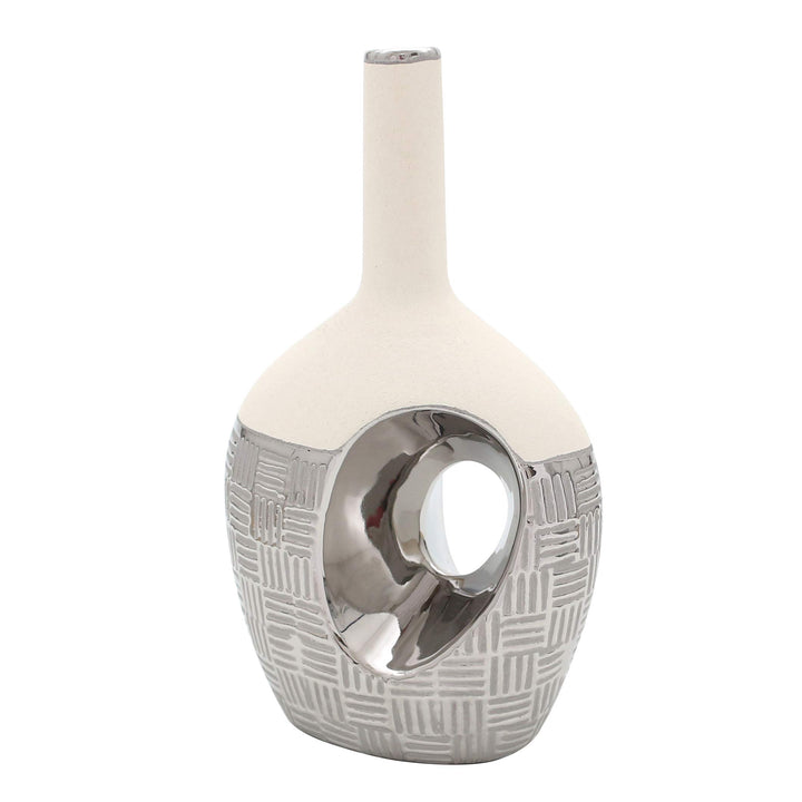 Dekohelden24 Edle Designer Keramik Vase oval mit Loch und langem Hals in Silber-rau weiss, Silbergra