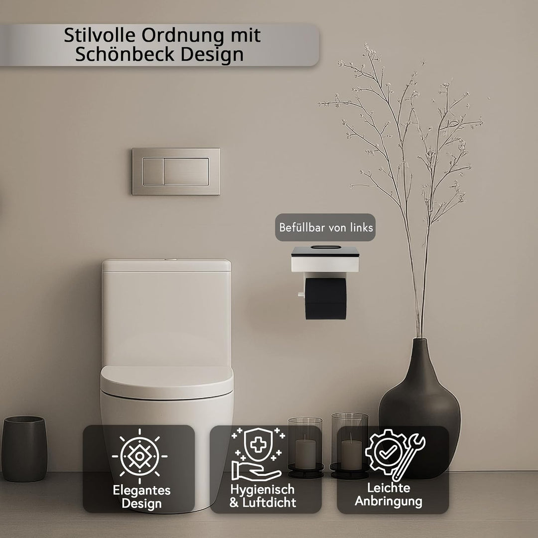 Toilettenpapierhalter mit Feuchttücherbox - Gehäuse Poliert & Abdeckung Glas Schwarz- befüllbar von