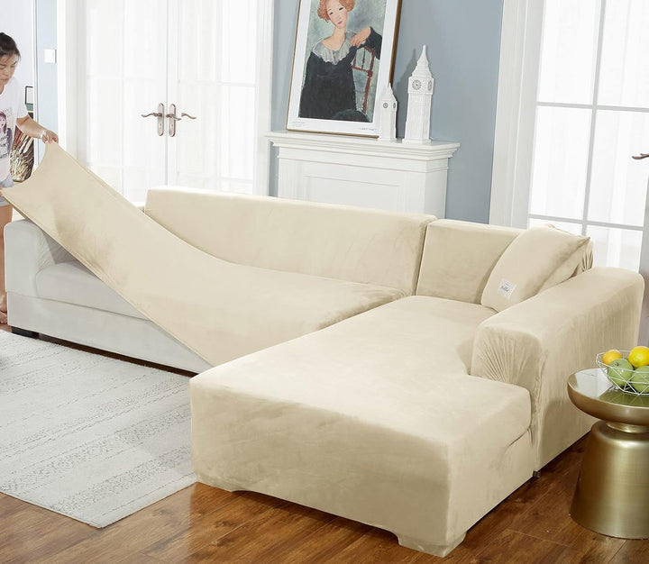 Stretch Samt Sofabezug L Form-Beige-3 Sitzer+4 Sitzer | Weich Bequem Anti-rutsch überzug ecksofa Was