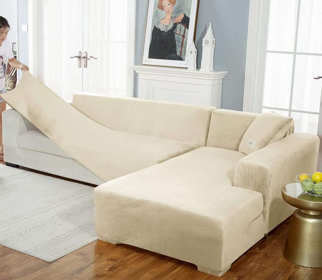 Stretch Samt Sofabezug L Form-Beige-4 Sitzer+4 Sitzer | Weich Bequem Anti-rutsch überzug ecksofa Was