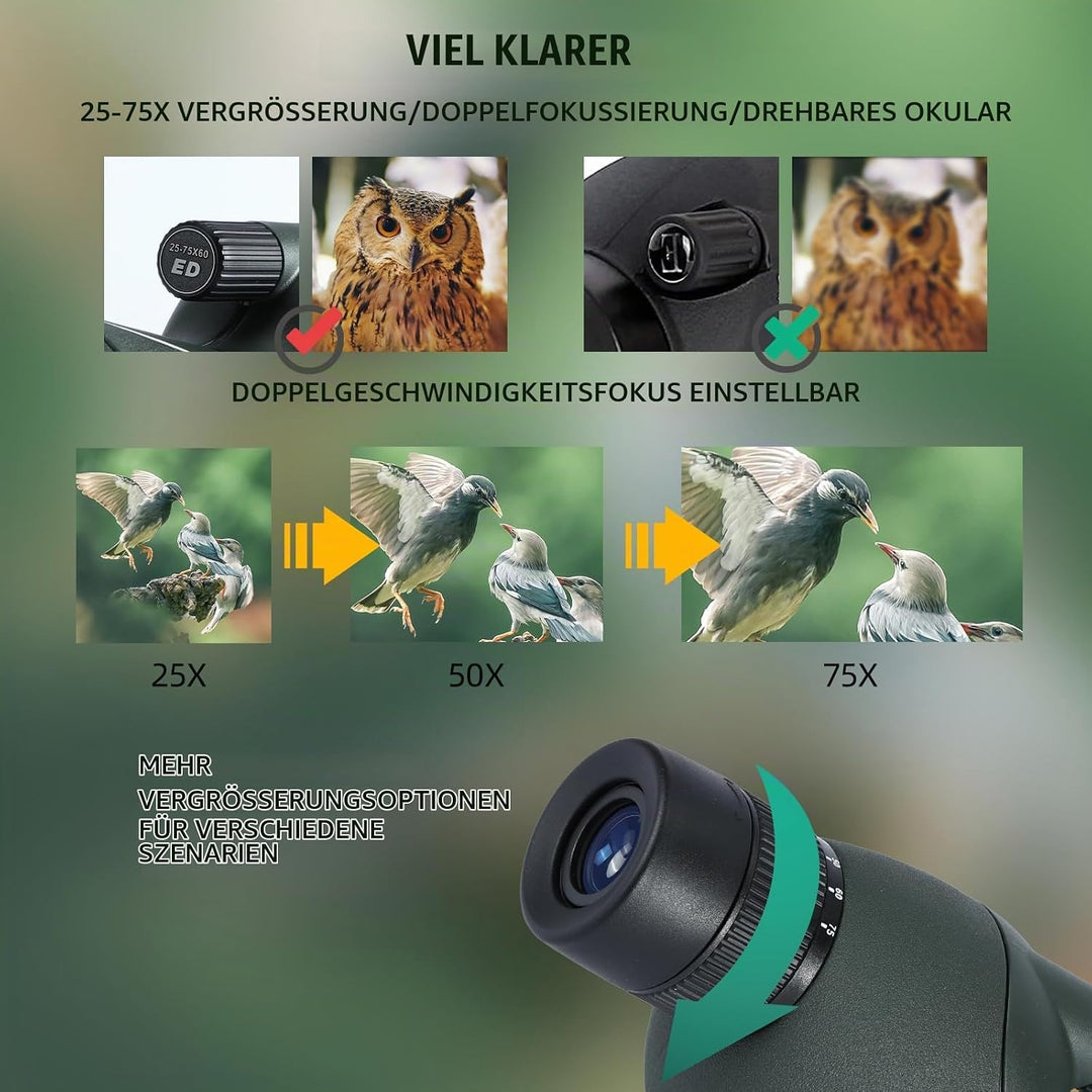 25-75X Spektive mit Stativ, Zoom Wasserdichtes BAK4 Prisma-Monokular-Teleskop für Vogelbeobachtung,
