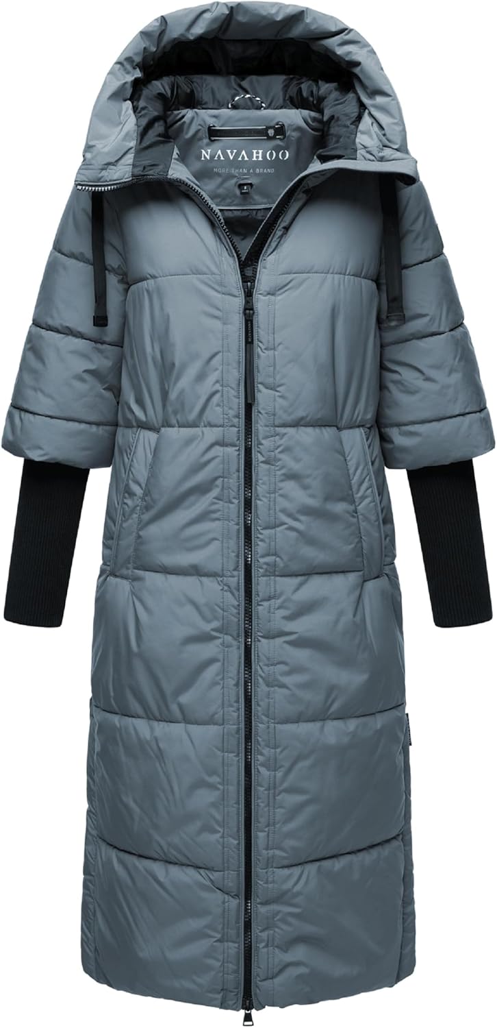 Navahoo Damen Wintermantel Warmer Steppmantel lang mit Kapuze und Rippstrickärmeln Ciao MIAU XIV XS-