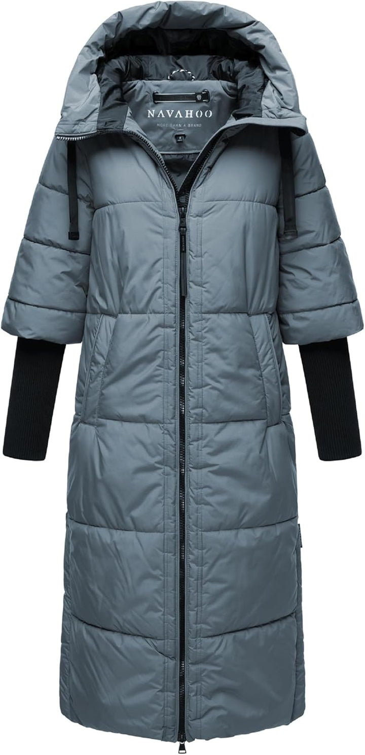 Navahoo Damen Wintermantel Warmer Steppmantel lang mit Kapuze und Rippstrickärmeln Ciao MIAU XIV XS-