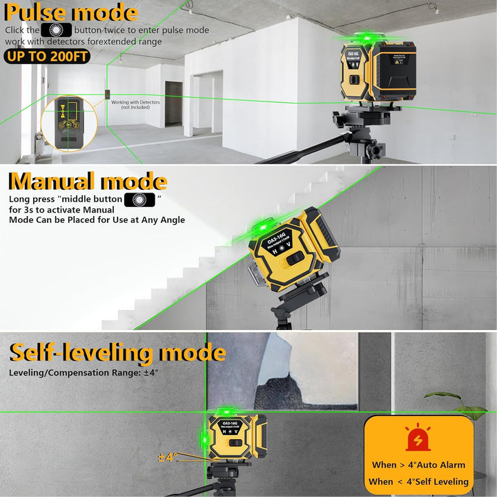 Kreuzlinienlaser Grün 16 Linien mit Impuls-Modus, 4 x 360 Grad Laser, Selbstnivellierend Laser Wasse