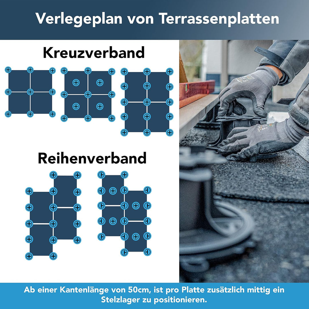 QUICK2FIX® Plattenlager/Stelzlager höhenverstellbar 75-195mm (Grösse XL) - Fugenkreuz | 12 Stk. Grös