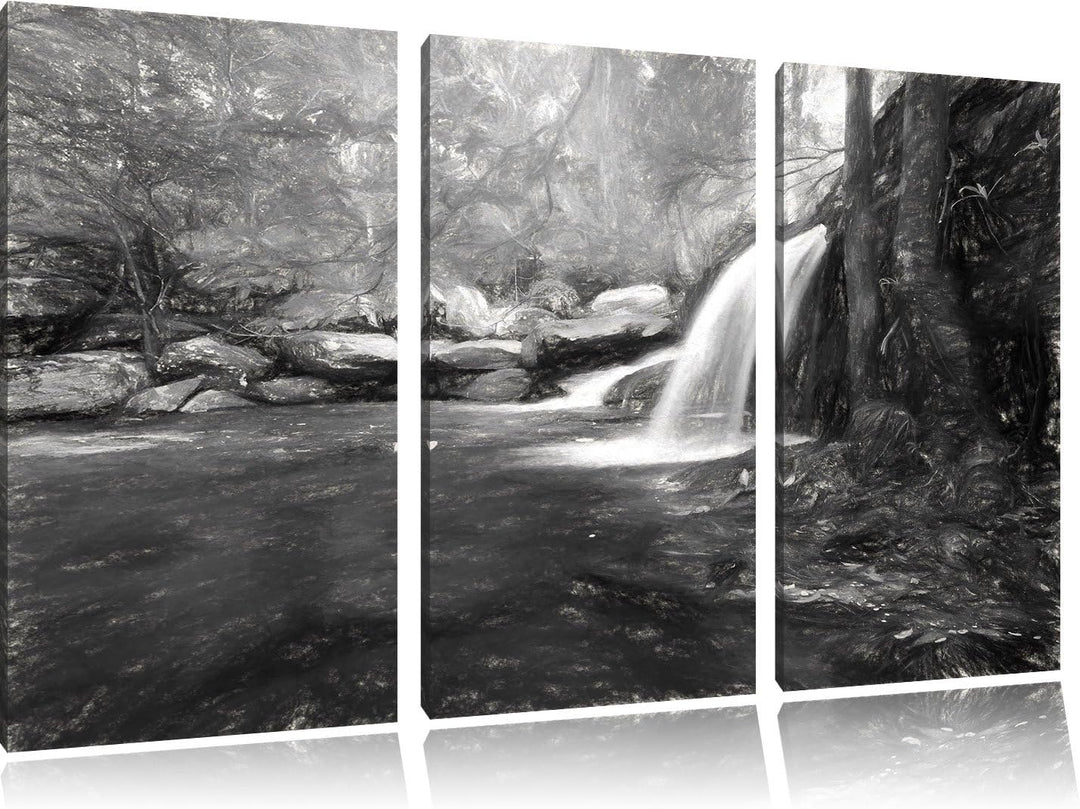 Pixxprint Wasserfall im Wald / 3-Teilig/Gesamtmass 120cm Leinwandbild bespannt auf Holzrahmen/Wandbi