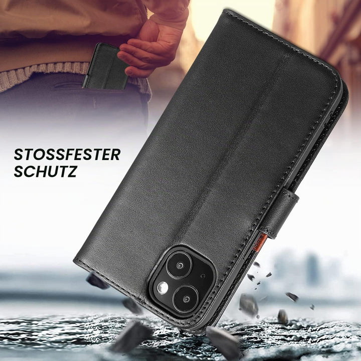 LENSUN Echtleder Hülle für iPhone 13 5G, Handyhülle [Echtes Leder][Magnetverschluss][RFID Schutz] Ha