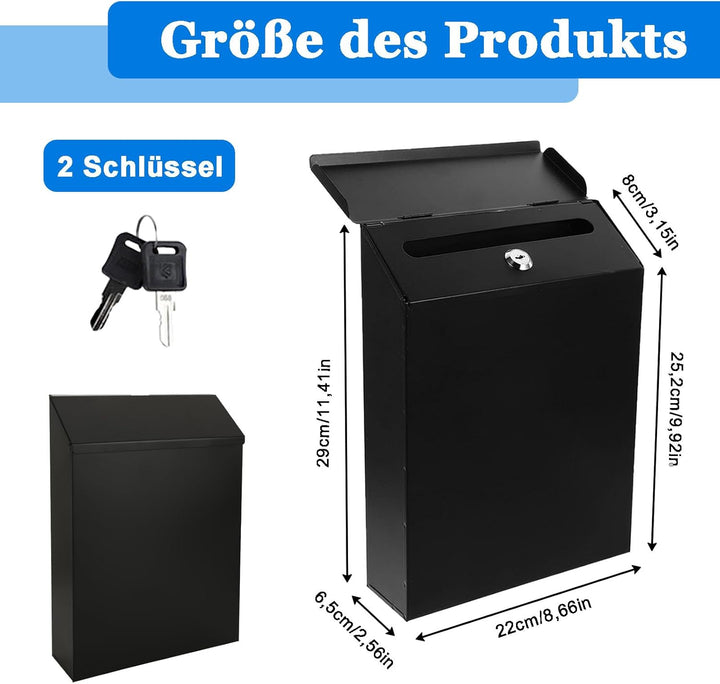 Briefkasten, 29 x 22 x 6,5 cm Abschliessbarer Briefkasten zur Wandmontage, Rustikaler Postfach aus E