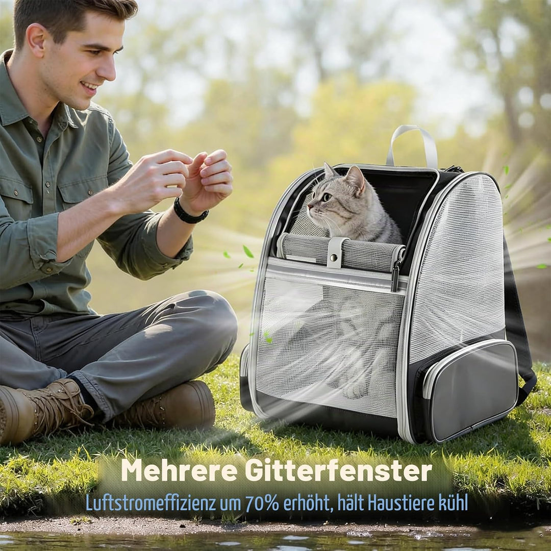Haustier Rucksack bis 8kg mit 2 Tragbare Fressnäpfe, Faltbare Katzenrucksack Hunde Rucksack mit 3-se