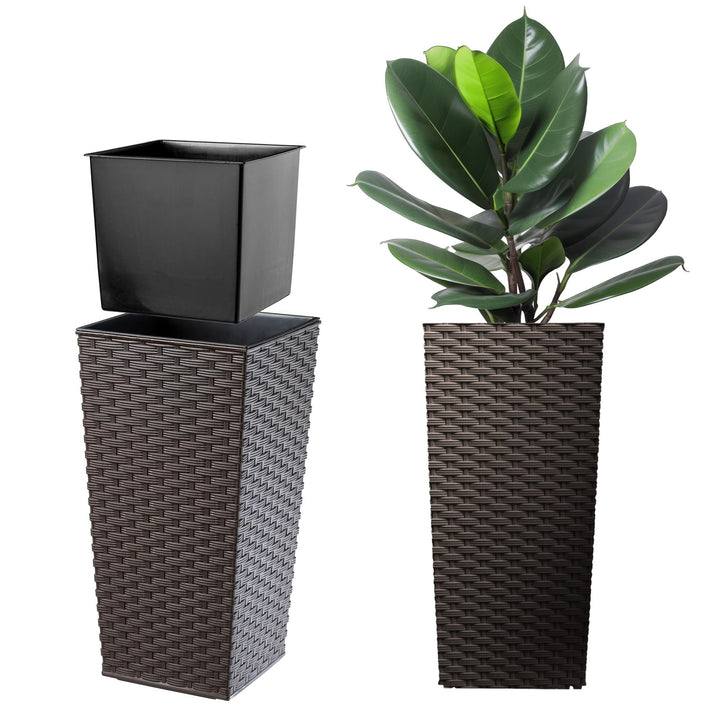 KADAX Pflanzkübel mit Innentopf, Höhe 68cm, Mokka Rattan – Wetterfester Blumentopf für Innen & Ausse