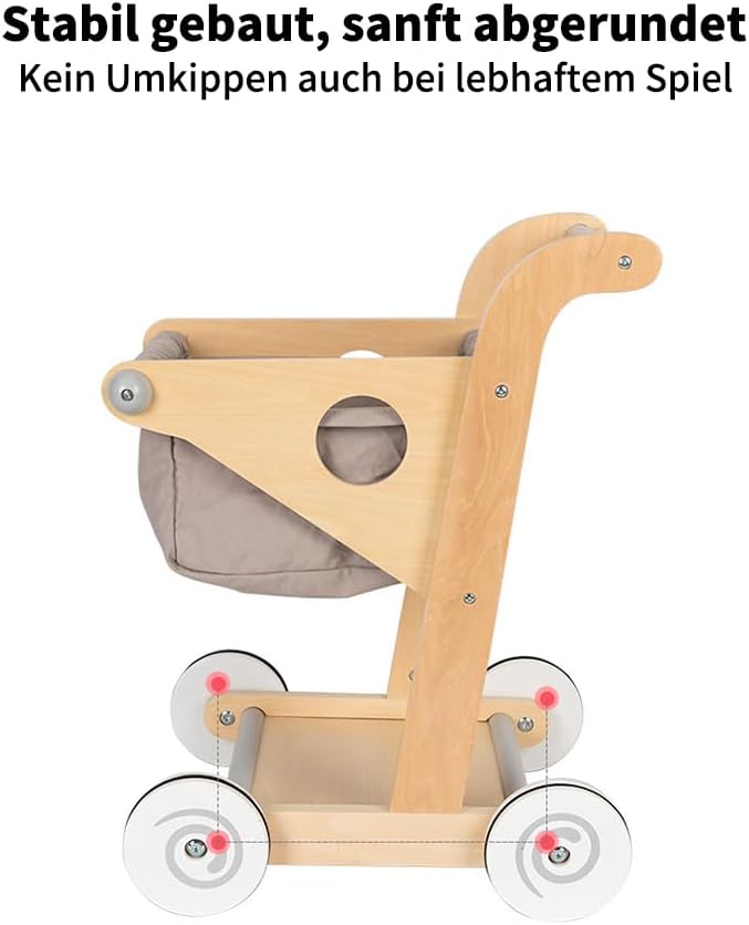 Holz Kinder Einkaufswagen Spielzeug, Mini Einkaufswagen für Kinder mit Stoffkorb, Stabiler Laufwagen