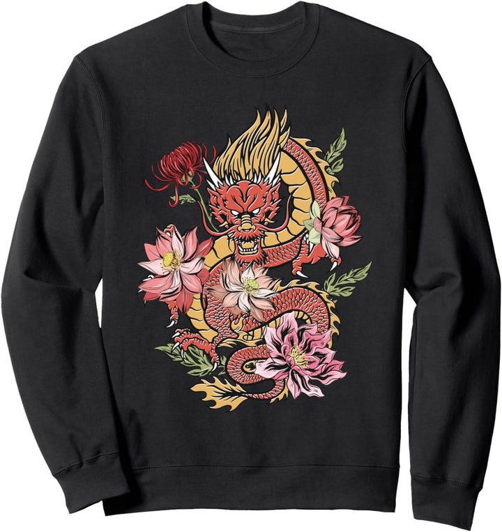 Japanischer Drache mit Blumen Vintage Dragon Aesthetic Sweatshirt