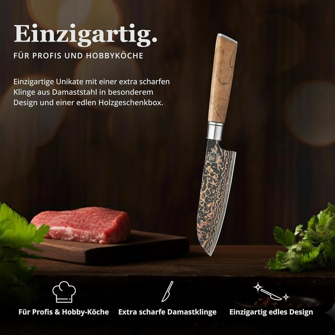 zayiko BlackMagma Damastmesser Santoku I 12 cm Klinge aus Damaststahl mit Kupfer &amp; Bronze sowie Ahor