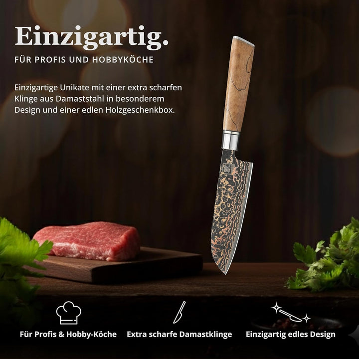 zayiko BlackMagma Damastmesser Santoku I 12 cm Klinge aus Damaststahl mit Kupfer &amp; Bronze sowie Ahor