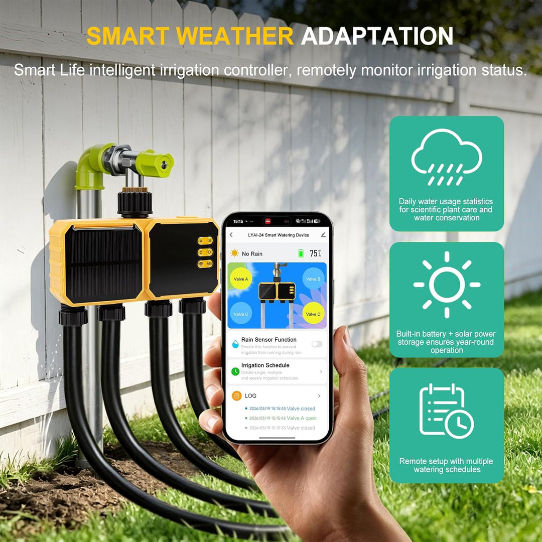 Bewässerungscomputer WLAN 4 Ausgänge,Smart Wasserzeitschaltuhr,App-Steuerung Sprachsteuerung Regenve