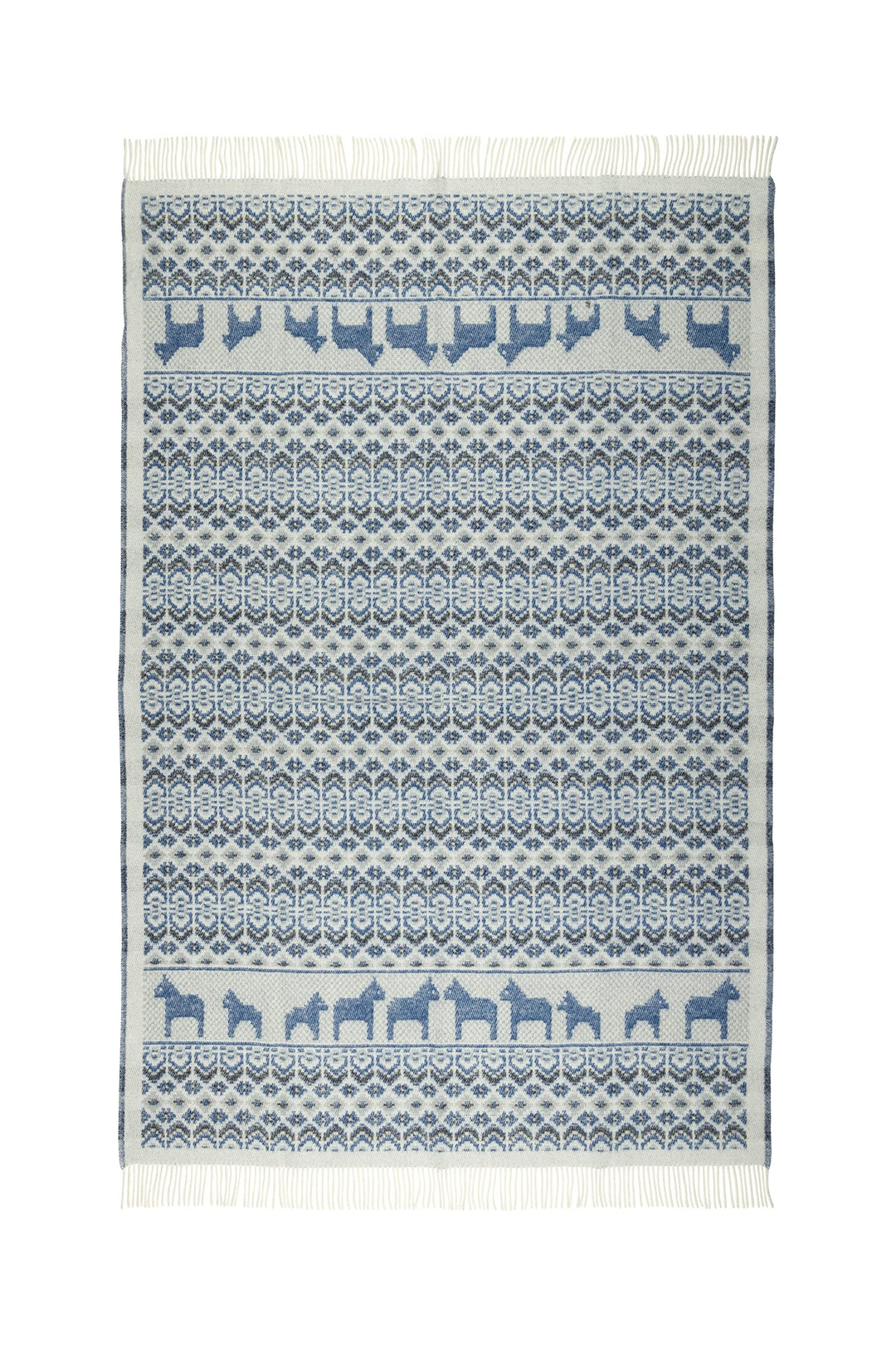 "Dalarna Blå gewebte Wolldecke mit Fransen 130x200 cm Natur/blau/schwarz 100% Schafwolle Strick-Plai