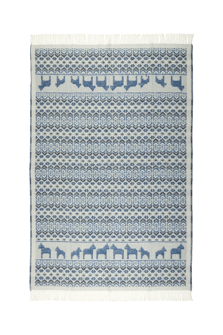 "Dalarna Blå gewebte Wolldecke mit Fransen 130x200 cm Natur/blau/schwarz 100% Schafwolle Strick-Plai