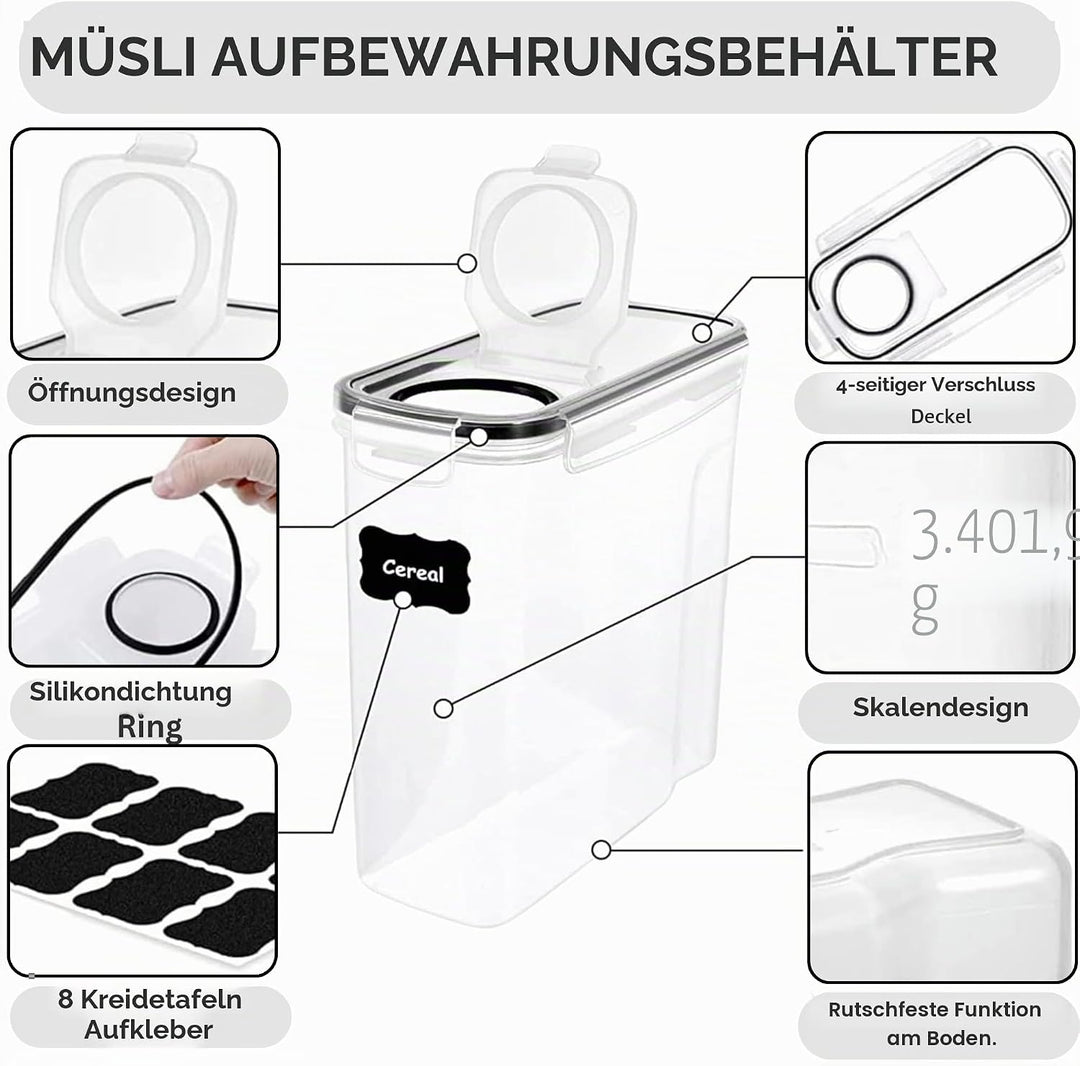 Müsli-Aufbewahrungsbehälter, 4 l, luftdichter Klappdeckel, BPA-frei, transparenter Kunststoff mit Et