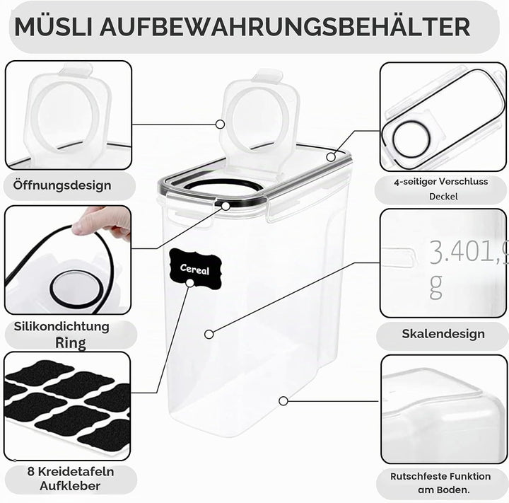 Müsli-Aufbewahrungsbehälter, 4 l, luftdichter Klappdeckel, BPA-frei, transparenter Kunststoff mit Et