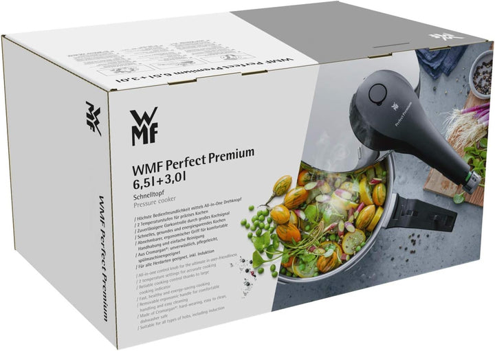 WMF Perfect Premium Schnellkochtopf Set Induktion 3-teilig, Dampfkochtopf 6,5l + 3l mit Einsatz-Set,