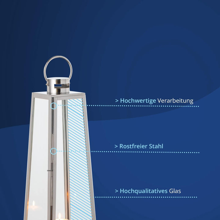 KHG Laterne 70 cm mit LED-Kerze in Silber aus Stahl/Glas, pyramidenförmig, praktischer Tragegriff Ke