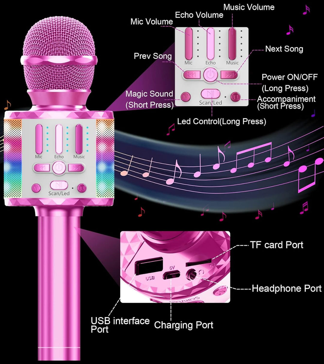 Karaoke Mikrofon, Drahtloses Bluetooth Mikrofon Kinder mit LED, Tragbares Karaoke Maschine zum Singe